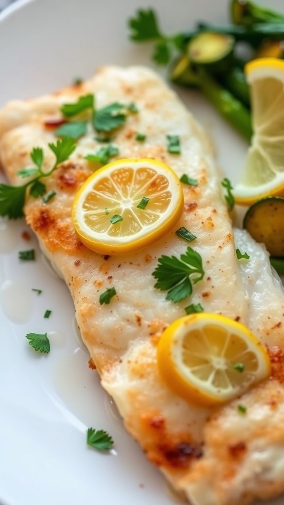 Baked tilapia fillet garnished with parsley and lemon, served with vegetables on a white plate.